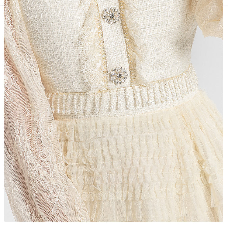 Women's clothing heavy art, coarse tweed splicing mesh cake skirt