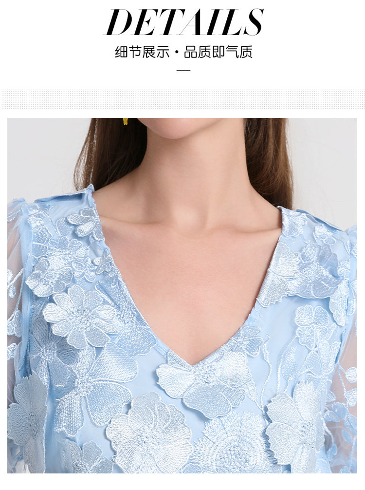 Artwork boutique handmade three-dimensional embroidered French solid color hem VL neck puff sleeve dress