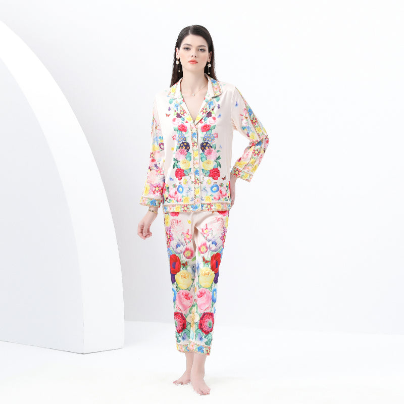 original design Spring/Summer casual trim pyjama suit set with a suit collar and long sleeves and trousers print two-piece set