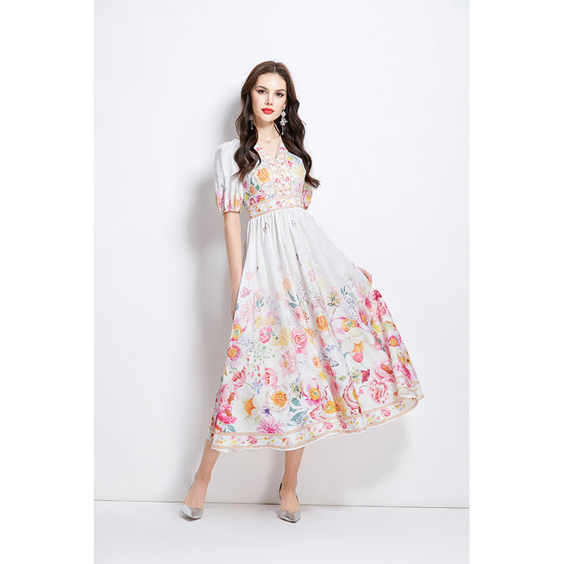 Original design for spring and summer new style bubble sleeve oil painting style waist cinched V-neck dress