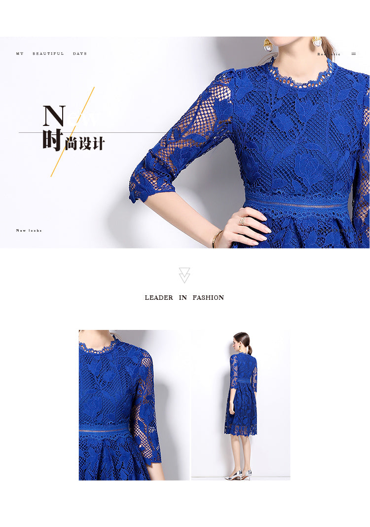 Original design mid long sleeved fashionable slimming hollow out water-soluble lace positioning mid length dress