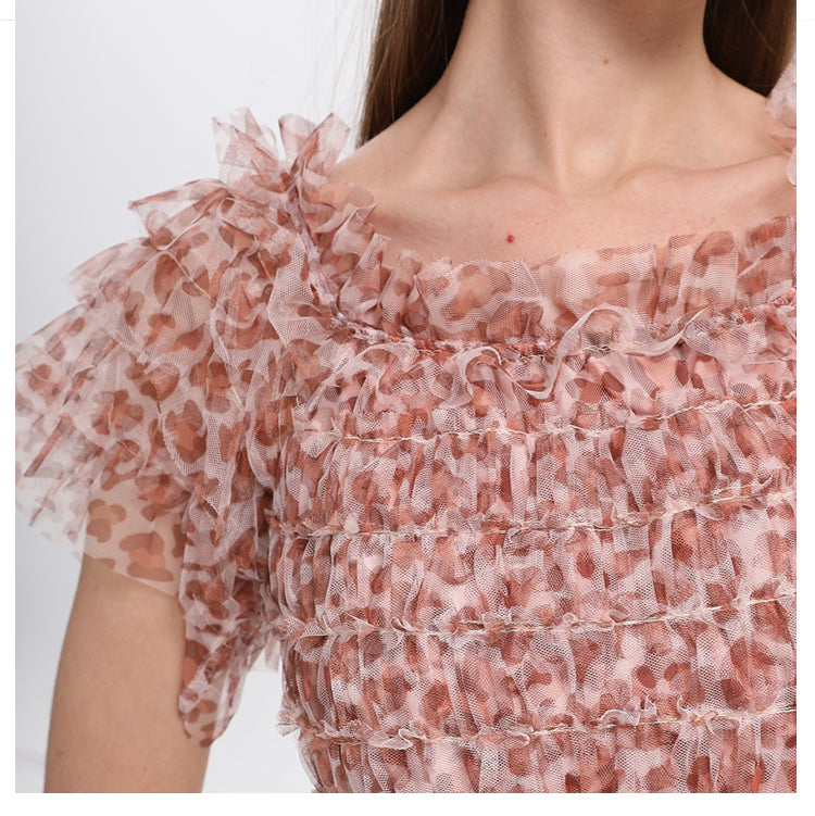 Beautiful French leopard print puff sleeve one-shoulder mesh temperament dress