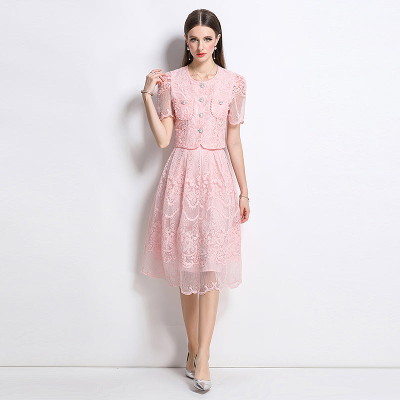 Original design for spring and summer small fragrance style set light luxury and high-end water-soluble lace skirt two-piece set