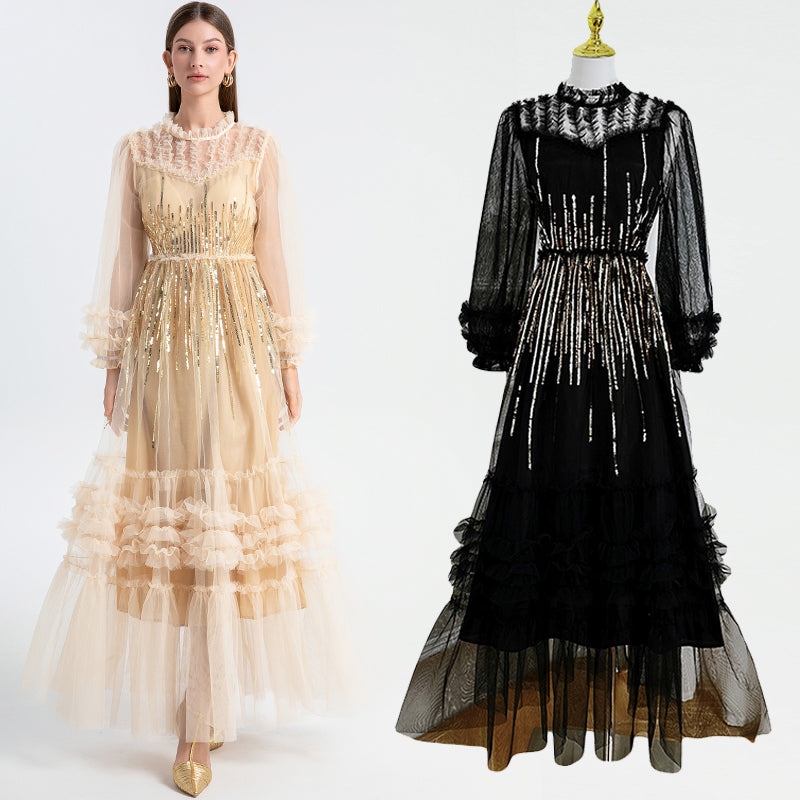 Original Design Heavy Industry Embroidered Glitter Mesh Splicing Black Fungus Edge Temperament Dress