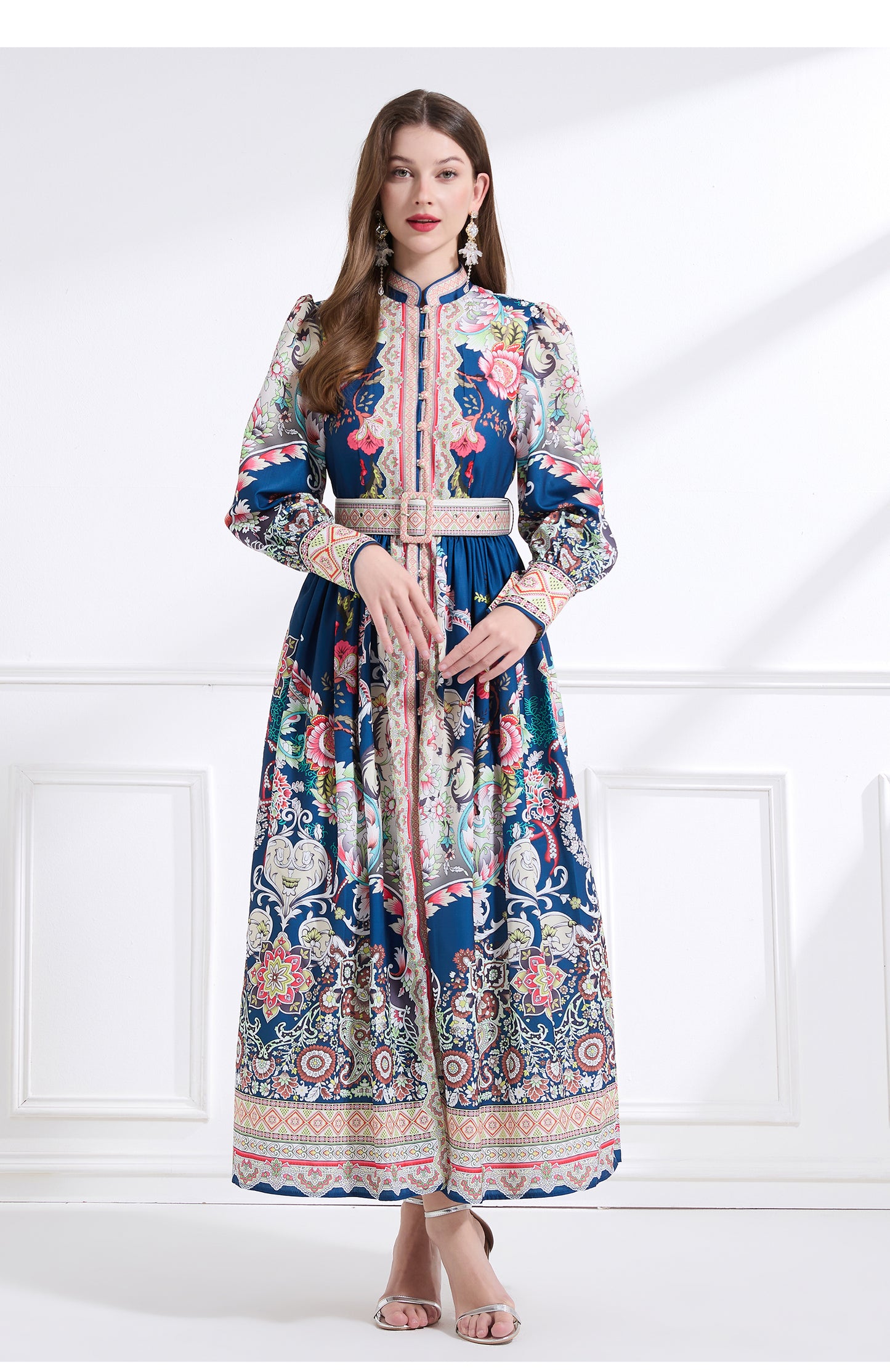 Original design - Spring, Summer, Autumn court style stand collar vintage print balloon sleeve ruffled maxi dress