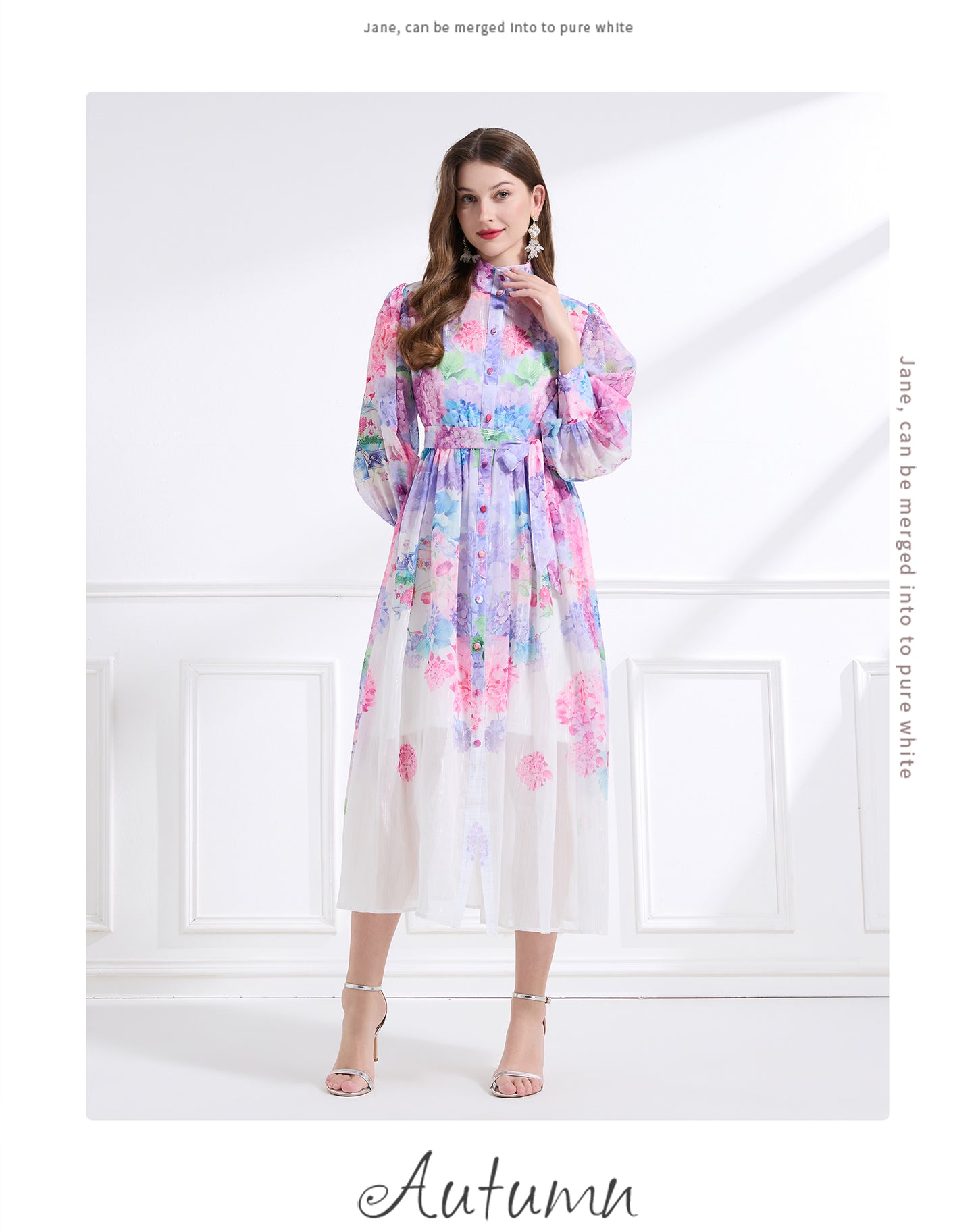 Original design - stand collar, watercolor, floral print, balloon sleeves, cinched waist, large skirt, ruffled skirt