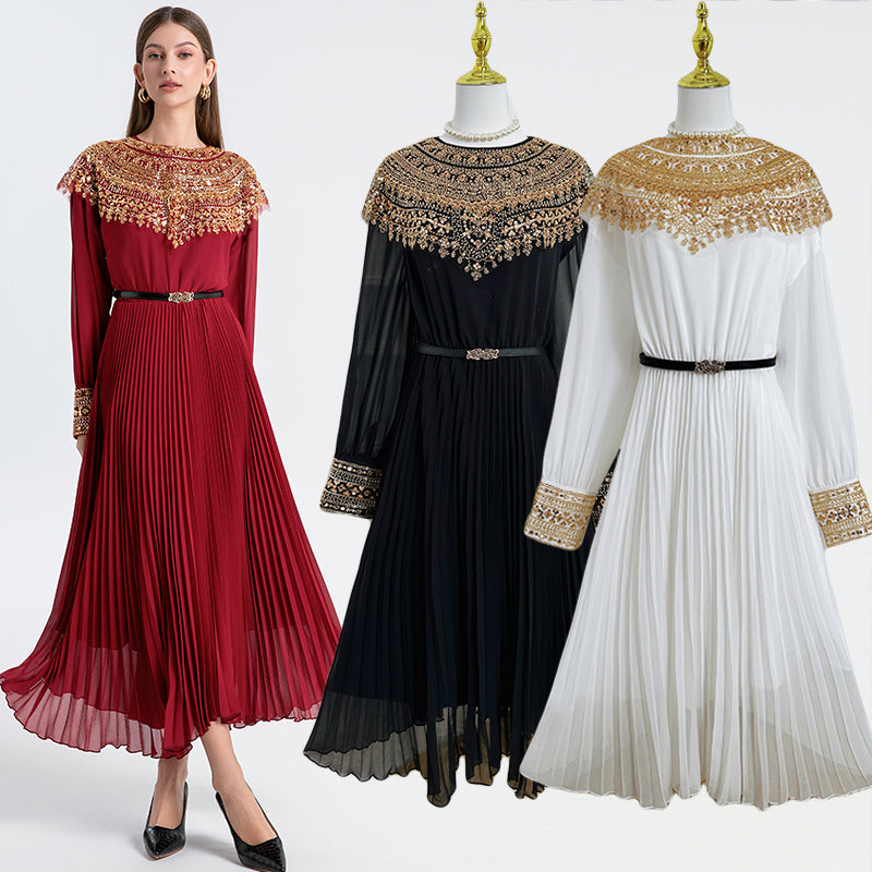 Original design premium pleated belt with gold beaded sequins draped over a chiffon pleated jumpsuit