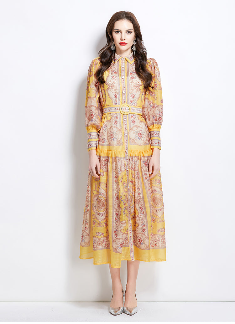 Original Design Spring/Summer Autumn Vacation Classical Palace Style Printed Bouquet Waist Single breasted Long Dress