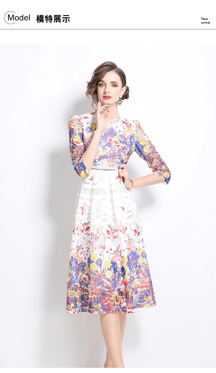 Original design mid long sleeved fashionable slimming hollow out water-soluble lace positioning mid length dress