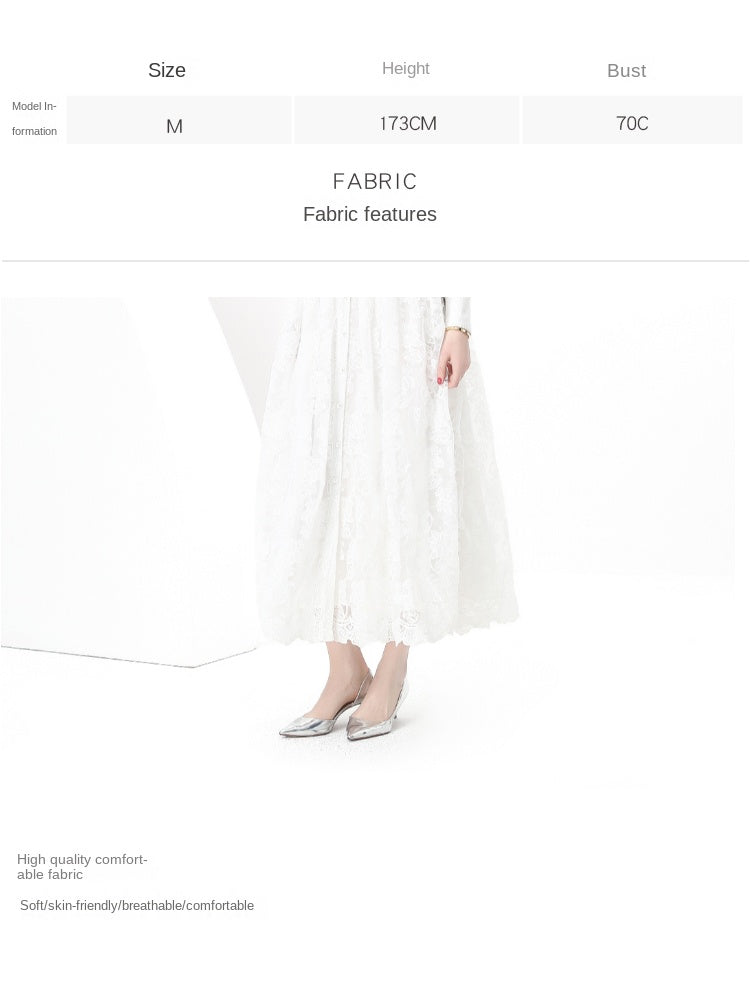 Original design: Spring, Summer, Autumn, Vacation lapel style, embroidered lace, balloon sleeves, lace, long vintage dress
