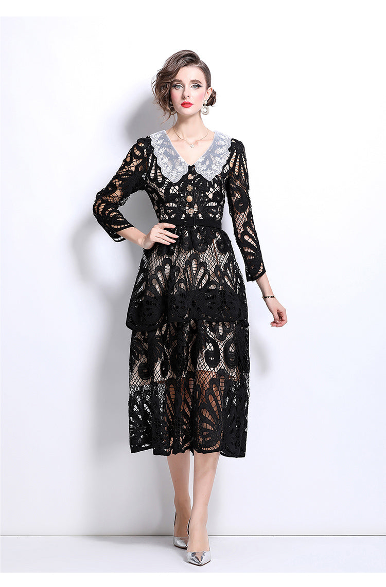Original Design: Spring and Summer High End Water soluble Embroidered Medium length Skirt with V-neck and Waist cinching to Look Thin Dress