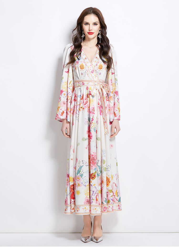 Original Design Spring/Summer New Oil Painting Flower Pattern Wrapped Mid length Dress