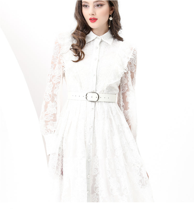 Original design: Spring, Summer, Autumn, Vacation lapel style, embroidered lace, balloon sleeves, lace, long vintage dress