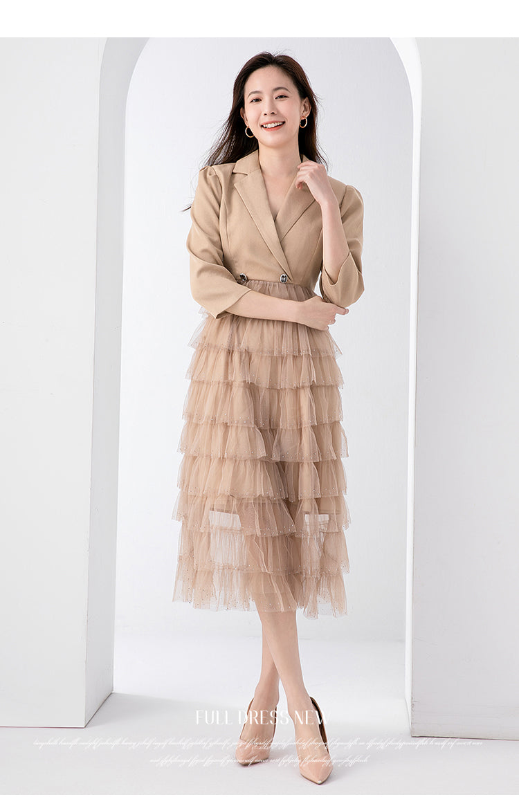 Original design exquisite mesh cake skirt patchwork suit dress temperament fake 2pieces