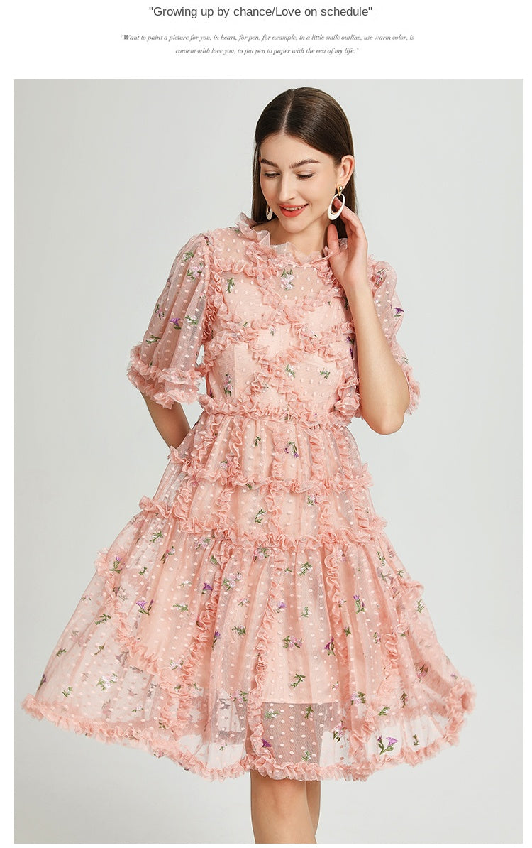 Artwork French romantic boutique custom gauze small floral embroidery short vintage cake dress