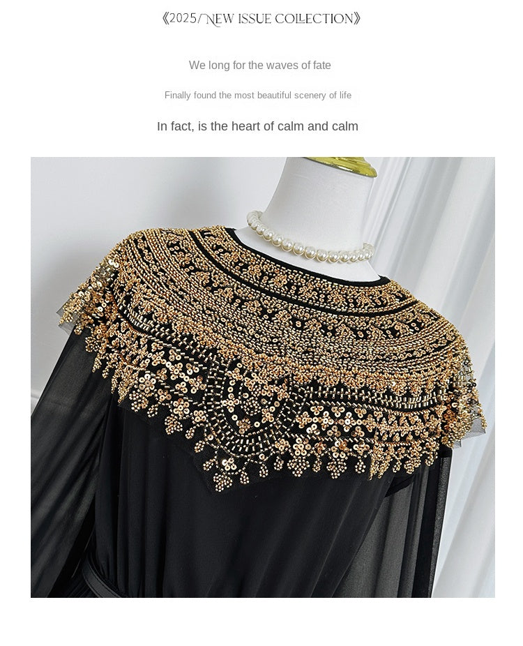 Original design premium pleated belt with gold beaded sequins draped over a chiffon pleated jumpsuit