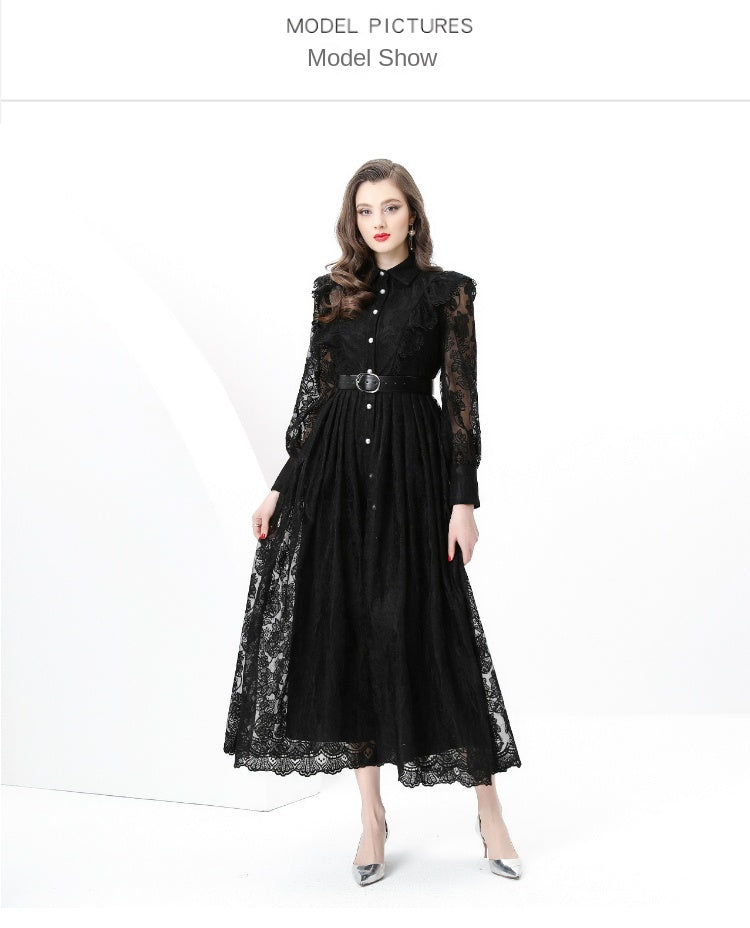 Original design: spring, summer, autumn resort, lapel, embroidered lace, balloon sleeve lace, long vintage dress
