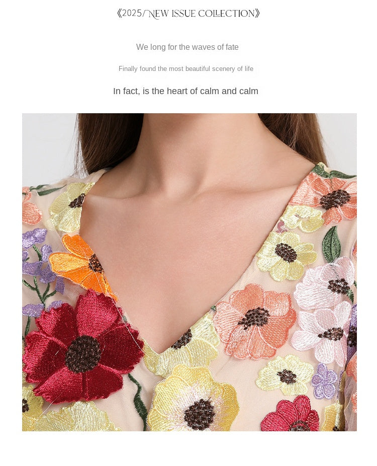 Meizhonggong boutique color handmade three-dimensional embroidered puff sleeve French pendulum dress
