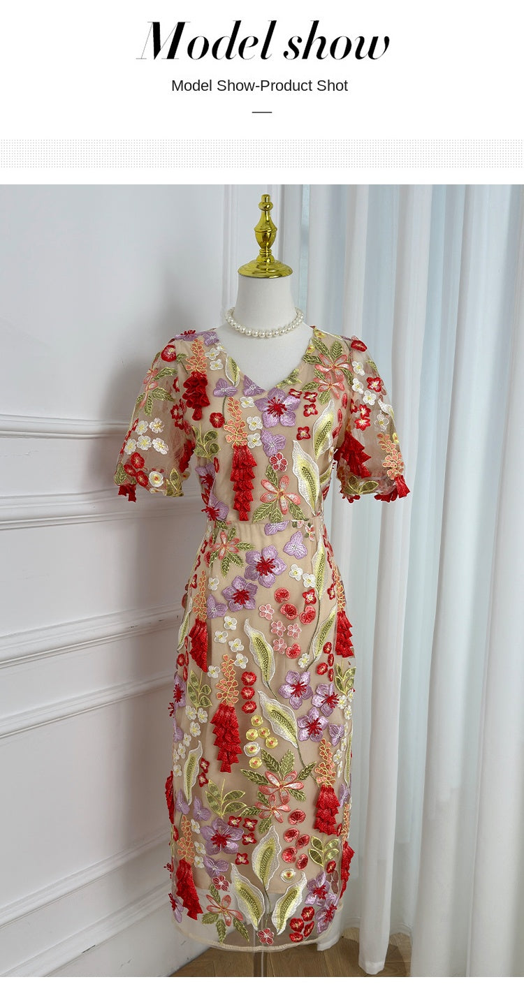 Original Design Handmade Three Dimensional Wheat Sprout Embroidered French Style Dress