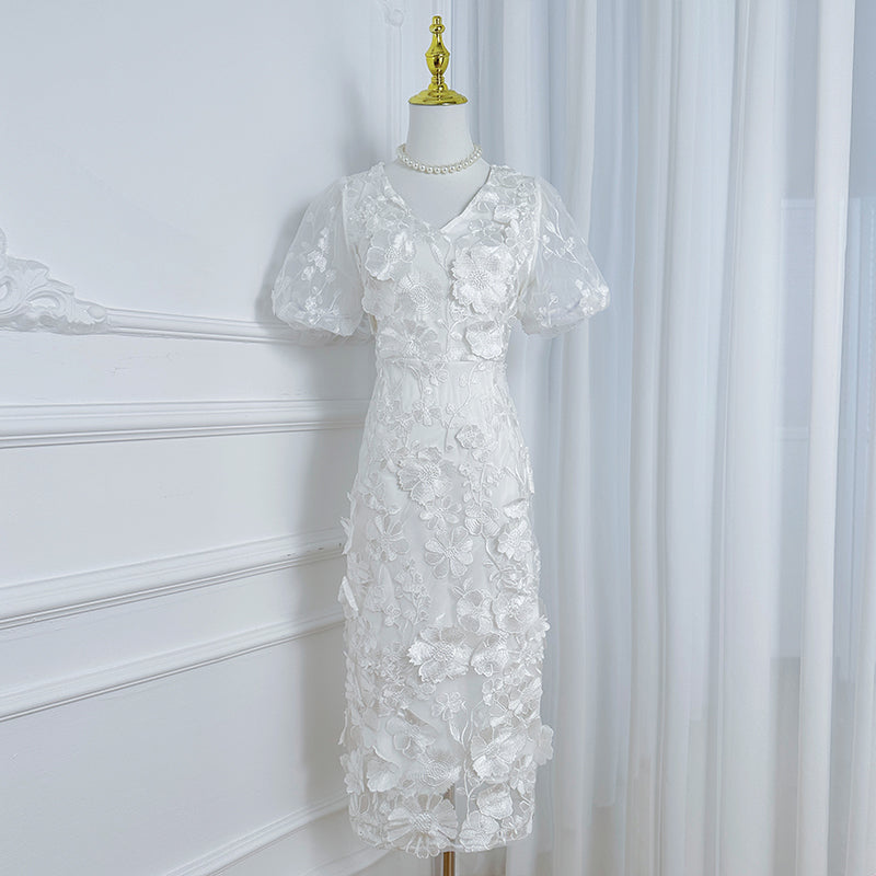 Art embroidery boutique color hand-ordered vintage V-neck slit wrap hip dress