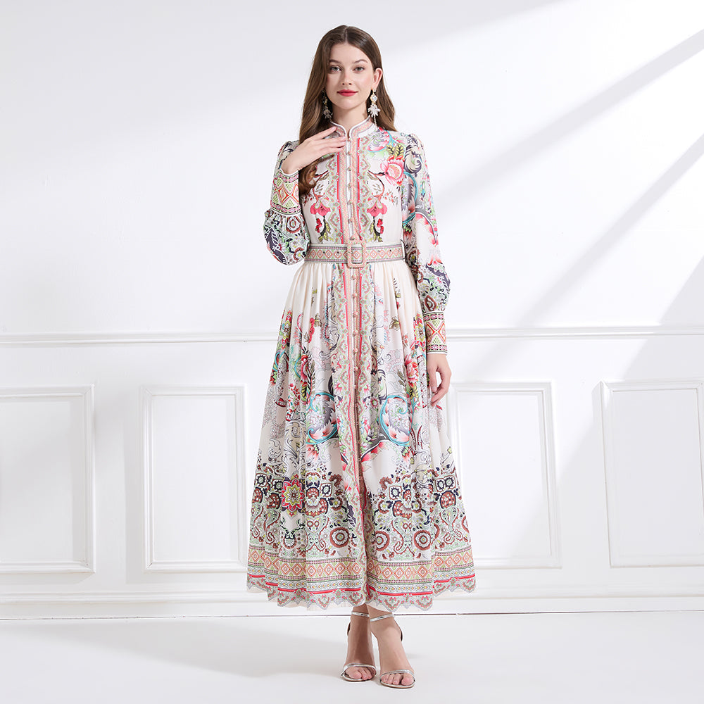 Original design - Spring, Summer, Autumn court style stand collar vintage print balloon sleeve ruffled maxi dress