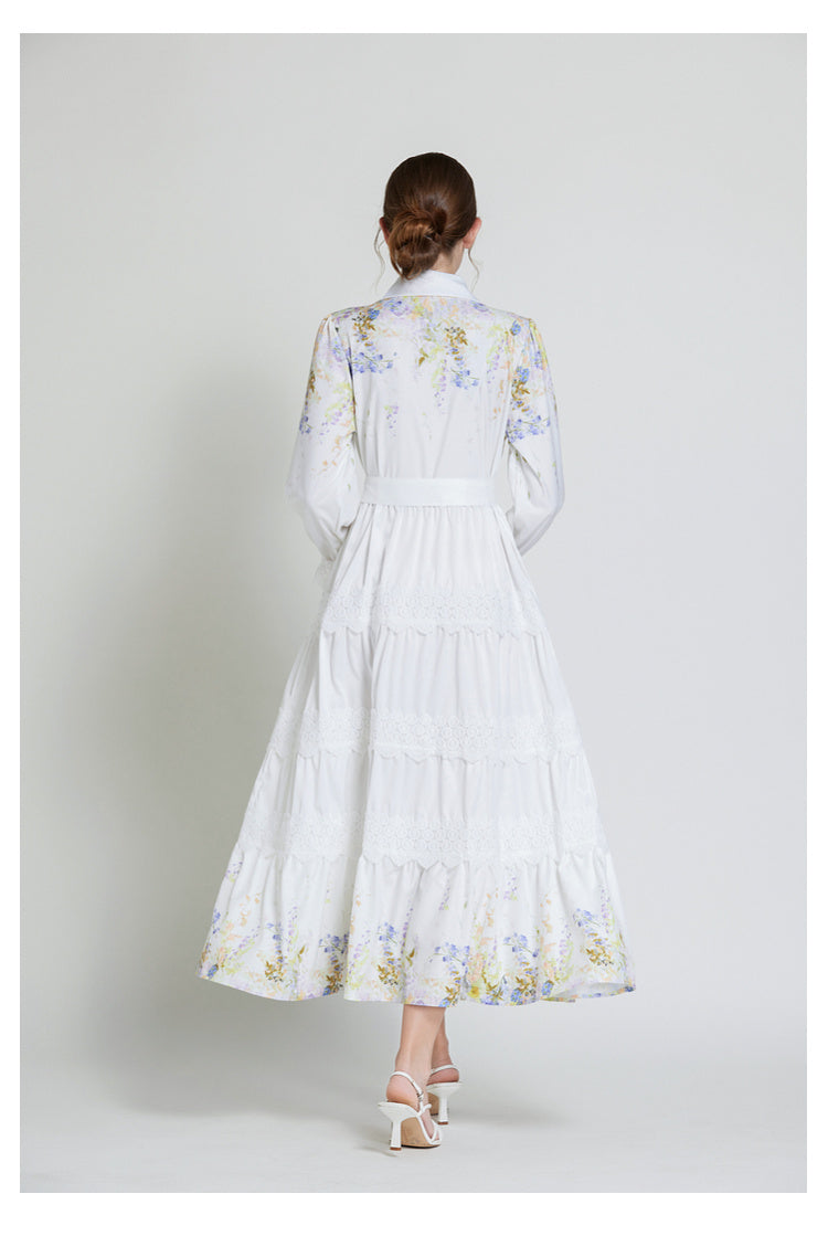 Original design fashionable bohemian lapel lace border lantern sleeves cinched waist long printed dress