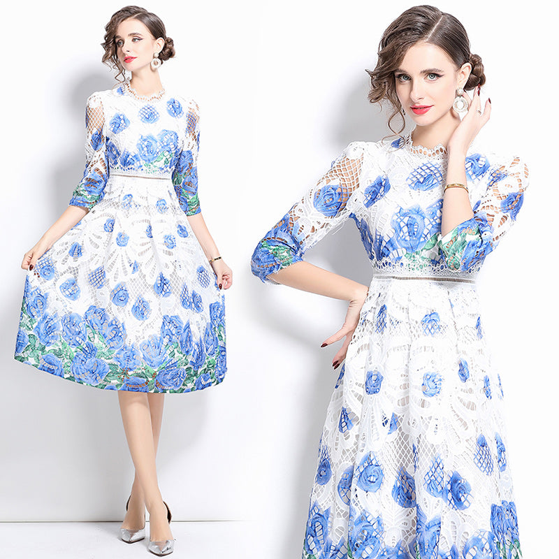 Original design mid long sleeved fashionable slimming hollow out water-soluble lace positioning mid length dress