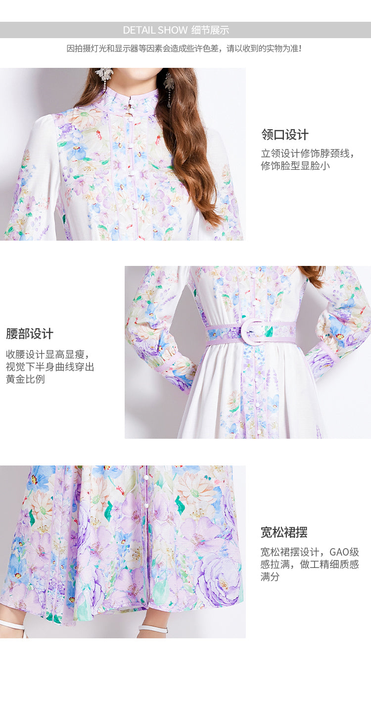 Original Design Spring/Summer Autumn Vacation New Flower Oil Painting Style Stand up Collar Long Dress