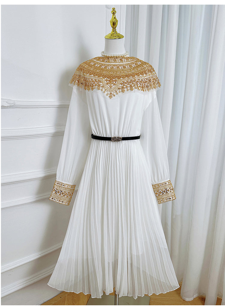 Original design premium pleated belt with gold beaded sequins draped over a chiffon pleated jumpsuit