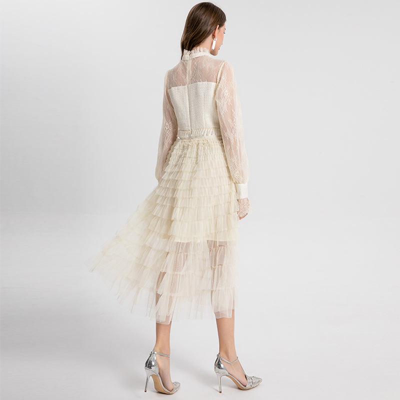 Women's clothing heavy art, coarse tweed splicing mesh cake skirt