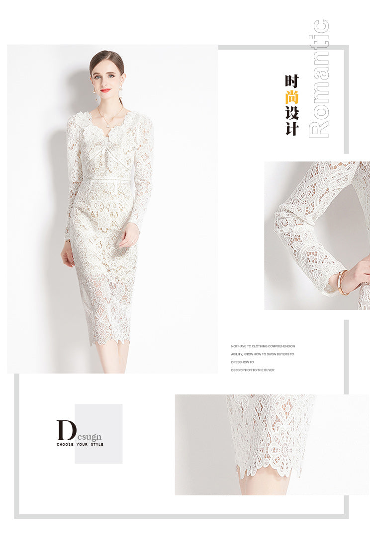 Original design for spring and summer water-soluble lace V-neck slim fit mid length dress for women