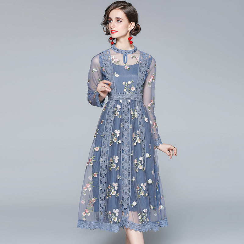 Original Design Heavy Industry Fine Embroidery Mesh French Long Style Super Fairy Sweet Dress