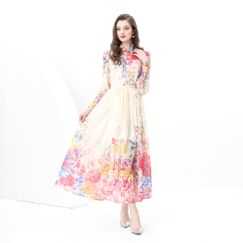 Original design: Spring, autumn and summer retro style balloon sleeve wavy edge long printed dress