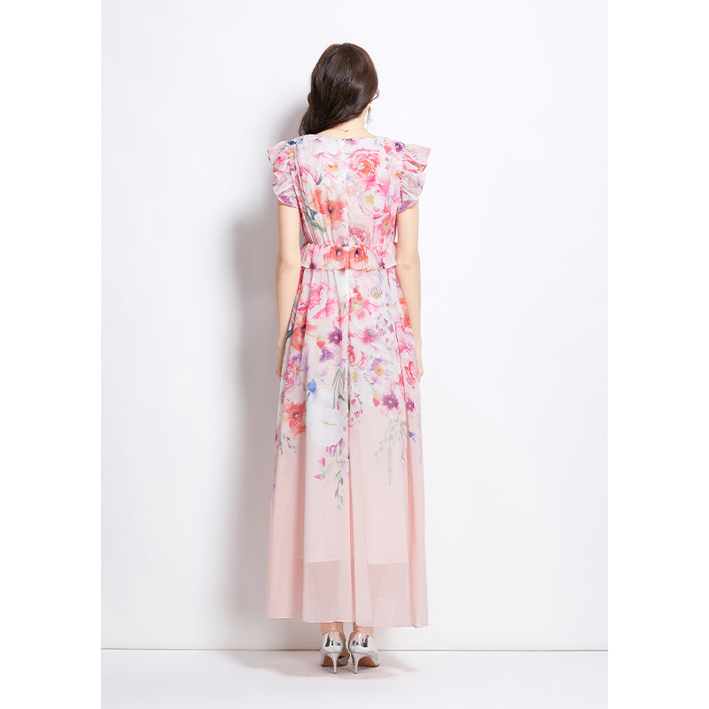 Original Design Spring/Summer Retro Flower Little Fly Sleeve Long Dress