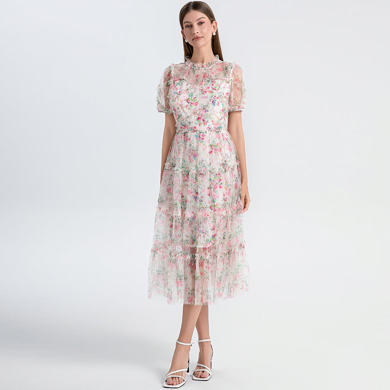 Original design heavy industry nail drill small floral French boutique mesh summer sweet dress