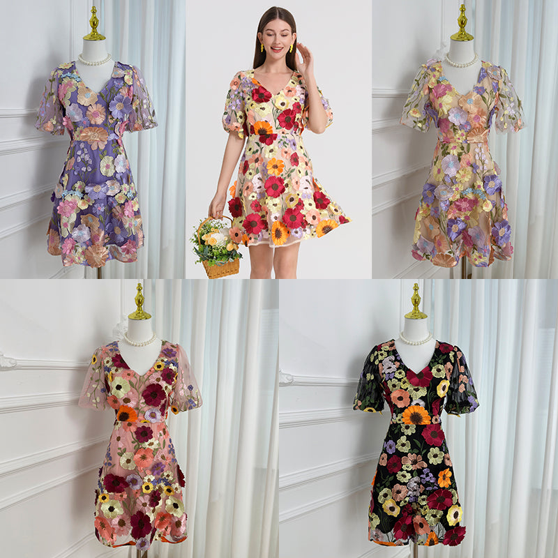 Meizhonggong boutique color handmade three-dimensional embroidered puff sleeve French pendulum dress