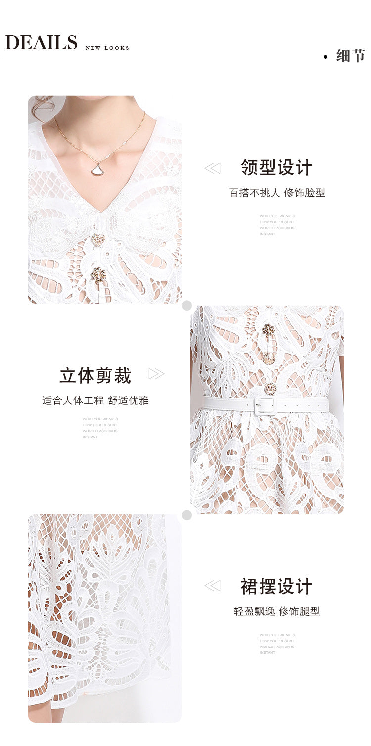 Original Design: Spring/Summer French Luxury Water soluble Embroidered Medium length Skirt with V-neck and Waist cinching to Look Thin Dress
