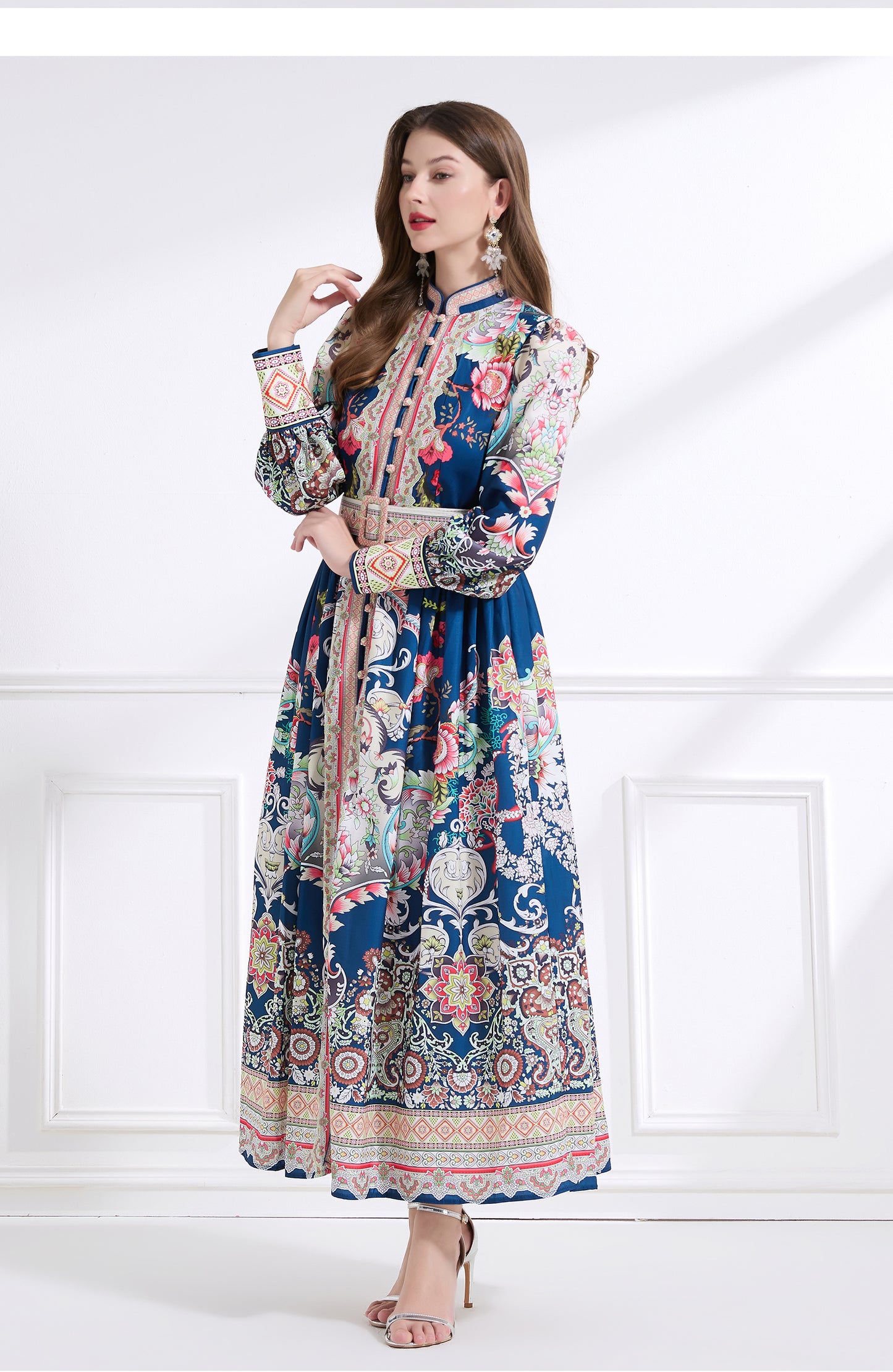 Original design - Spring, Summer, Autumn court style stand collar vintage print balloon sleeve ruffled maxi dress