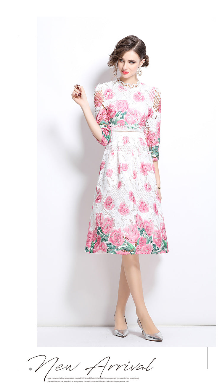 Original design mid long sleeved fashionable slimming hollow out water-soluble lace positioning mid length dress
