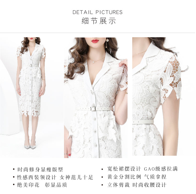Original design for spring and summer suit collar, short sleeved, single breasted, lace waist wrapped, mid length dress