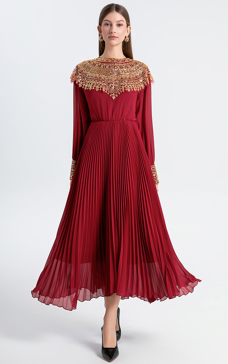 Original design premium pleated belt with gold beaded sequins draped over a chiffon pleated jumpsuit