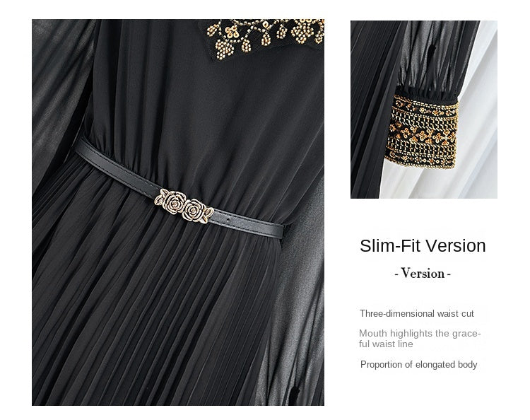 Original design premium pleated belt with gold beaded sequins draped over a chiffon pleated jumpsuit