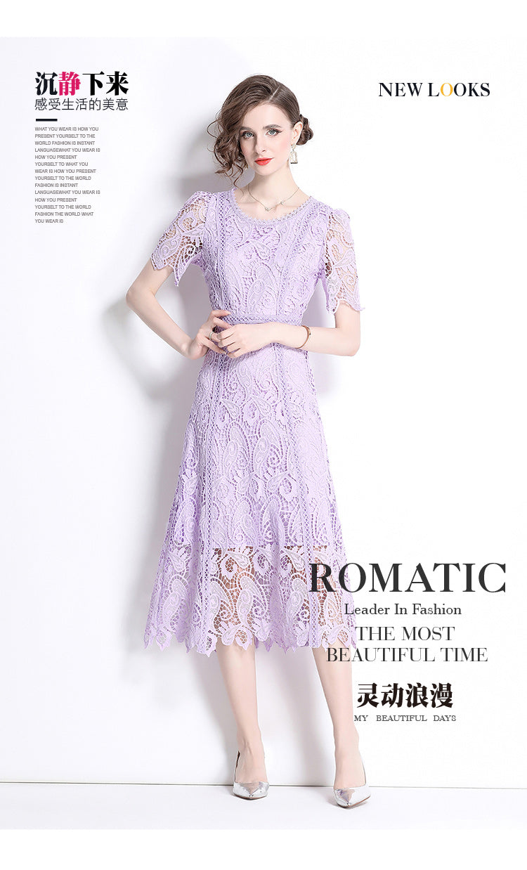 Original design temperament short sleeved skirt slim fit waist cinching heavy industry water-soluble lace dress for women