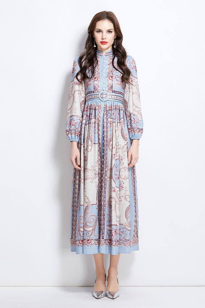 Original design: Spring/summer new court-style pattern stand-up collar long dress