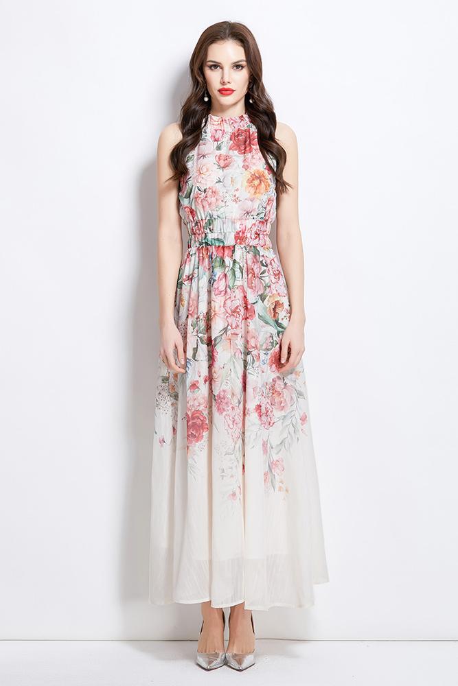 Original Design Spring/Summer Vacation New Oil Painting Flower Printed Hanging Neck Long Dress