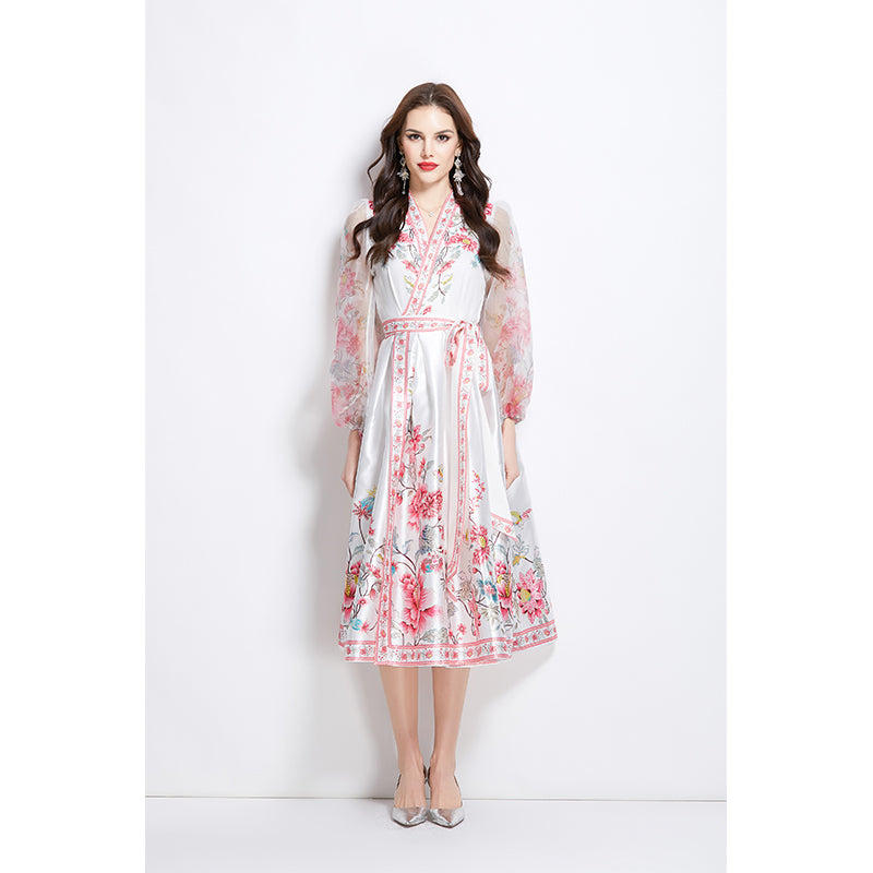 Original Design Spring/Summer V-neck Ethnic Style Printed Satin Wrapped Long Dress