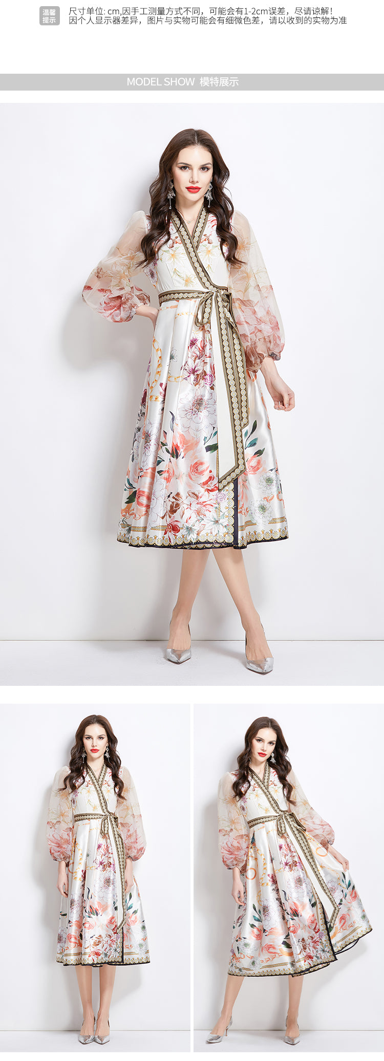 Original design for spring and summer V-neck ethnic style printed satin wrapped long length dress