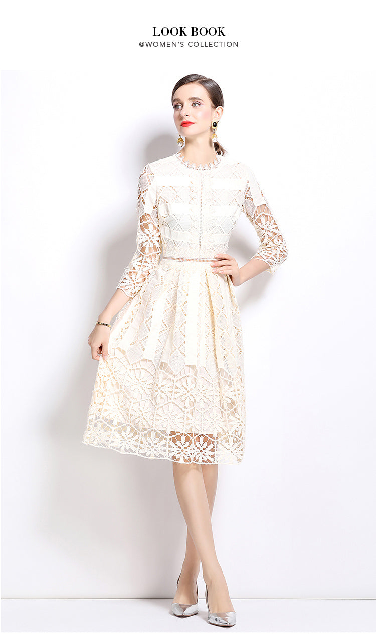 Original design mid long sleeved slimming hollow out water-soluble lace positioning printed mid length dress for spring, summer, autumn vacation