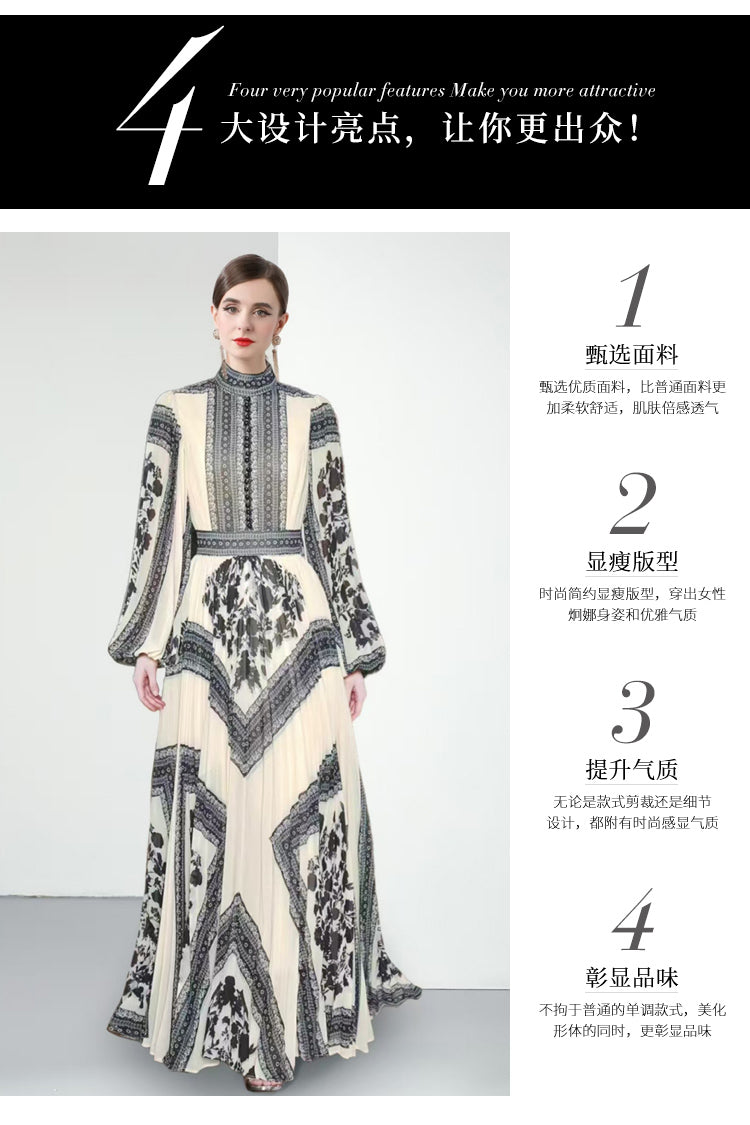 Original design for spring and summer printed evening gown, long pleated dress with large display