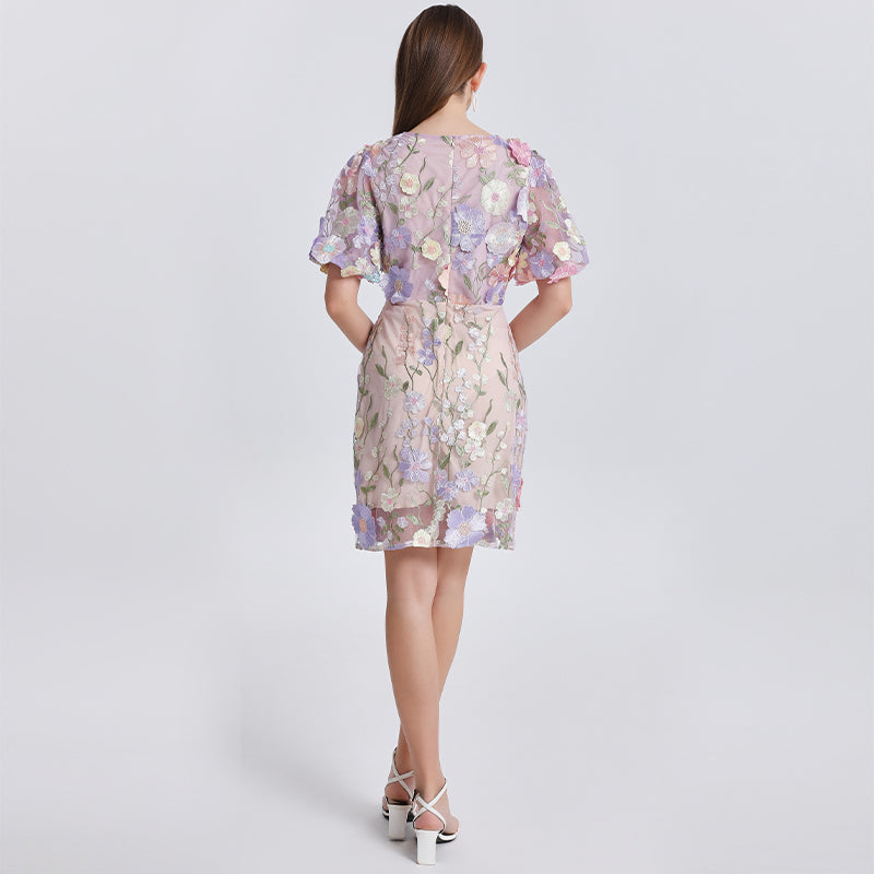 Original Design Heavy Industry Embroidery Boutique Handmade Color Customized Flower V-neck Bubble Sleeve Wrap Hip Dress
